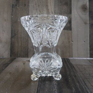 Crystal 3 Footed Imperlux Vase Germany Stars Pinwheels 7.5"